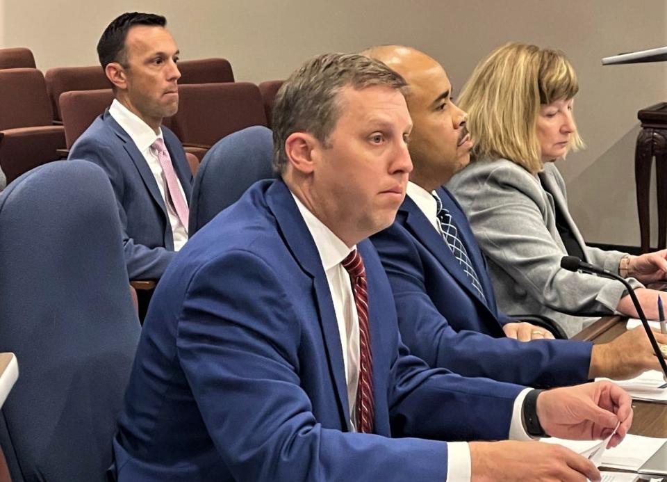 Spartanburg County Council on Thursday approved the first of three readings of a budget for 2022-23. Here, County Administrator Cole Alverson discusses the budget highlights. Next to him are Earl Alexander, deputy county administrator; and Debbie Ziegler, clerk to County Council. Behind them is Kevin Stiens, assistant county administrator.