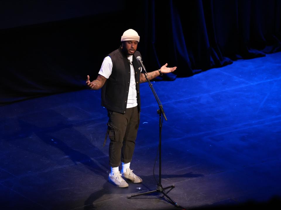 Billy 'B.WELL' Weathers tells his story during the Des Moines Register's Storytellers Project at Hoyt-Sherman Place in Des Moines on Tuesday, Oct. 25, 2022.