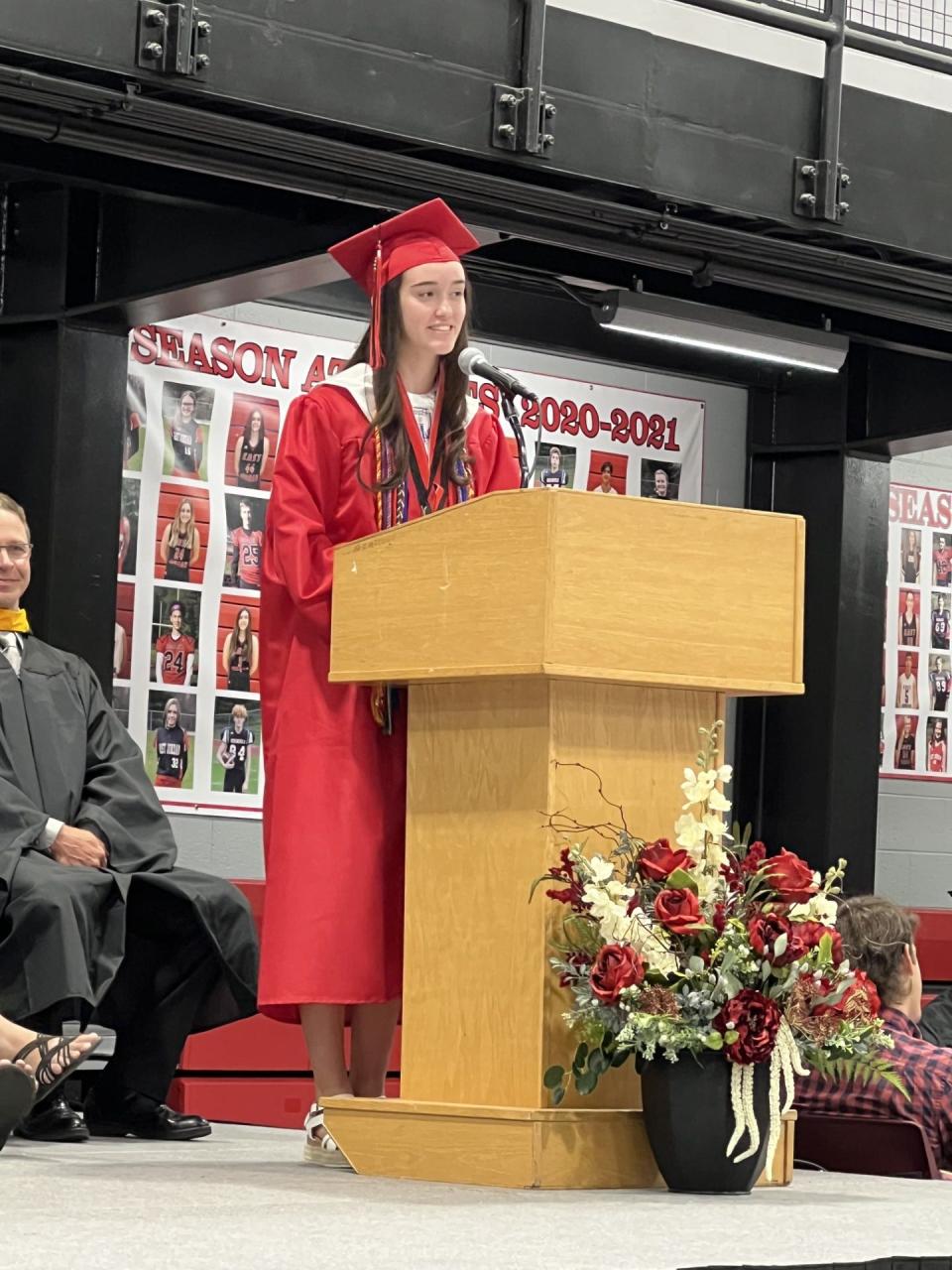 East Jordan Valedictorian Mailey Hamilton addresses her classmates during the 2023 graduation ceremony on June 4.