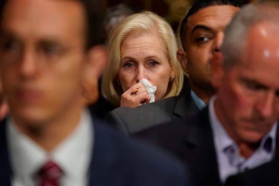 Sen. Kirsten Gillibrand, D-N.Y., cries as Christine Blasey Ford testifies.&nbsp;