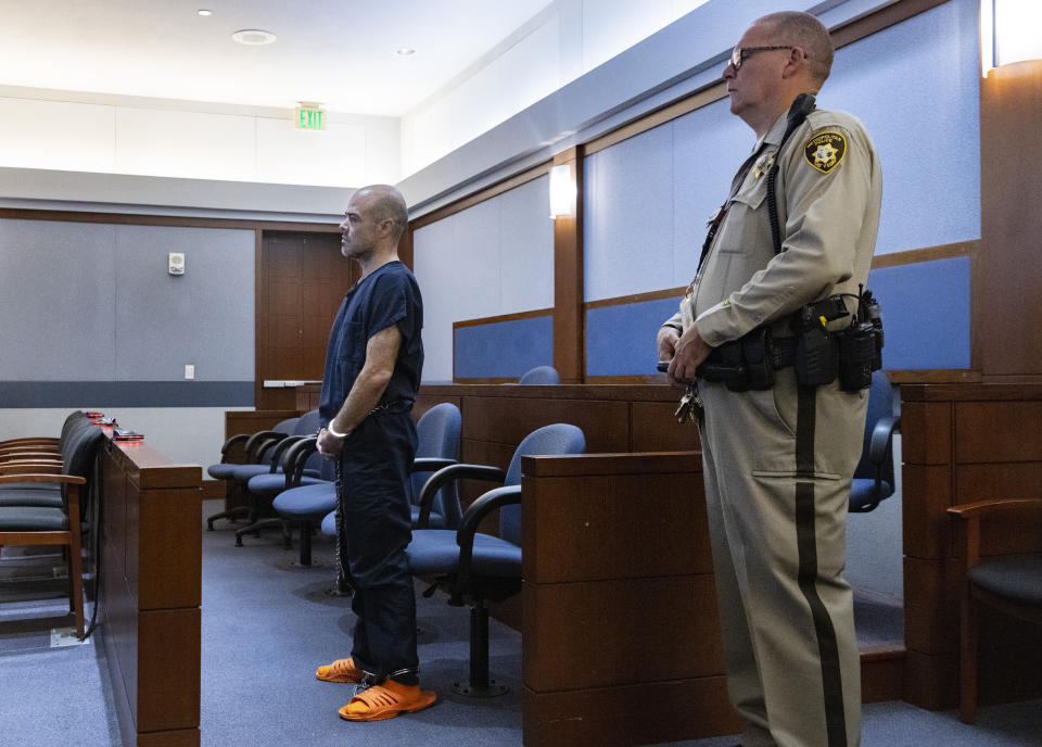 Outgoing Clark County Public Administrator Robert Telles appears in court during his arraignment at the Regional Justice Center, on Tuesday, Sept. 20, 2022, in Las Vegas. Telles is charged with murder in the death of Las Vegas Review-Journal investigative journalist Jeff German. (Bizuayehu Tesfaye/Las Vegas Review-Journal via AP)