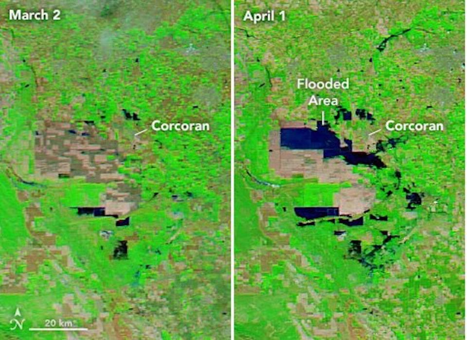 Tulare Lake, long dry, begins to reemerge in March 2023 as flood water spreads across farm fields. <a href="https://earthobservatory.nasa.gov/images/151174/return-of-tulare-lake" rel="nofollow noopener" target="_blank" data-ylk="slk:NASA Earth Observatory;elm:context_link;itc:0;sec:content-canvas" class="link ">NASA Earth Observatory</a>