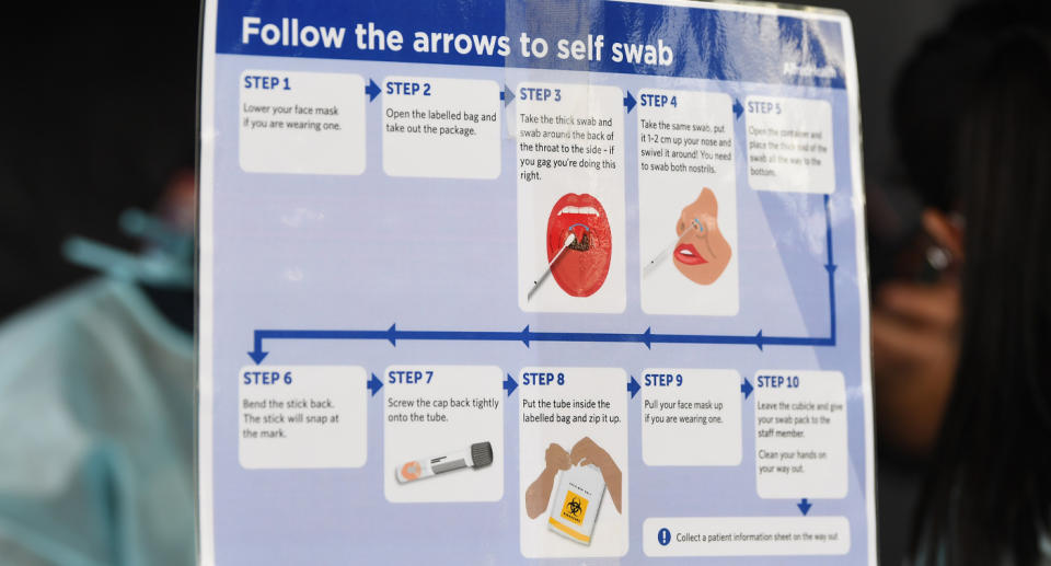 Signage for a self swab COVID-19 test in Broadmeadows on Friday. Source: AAP