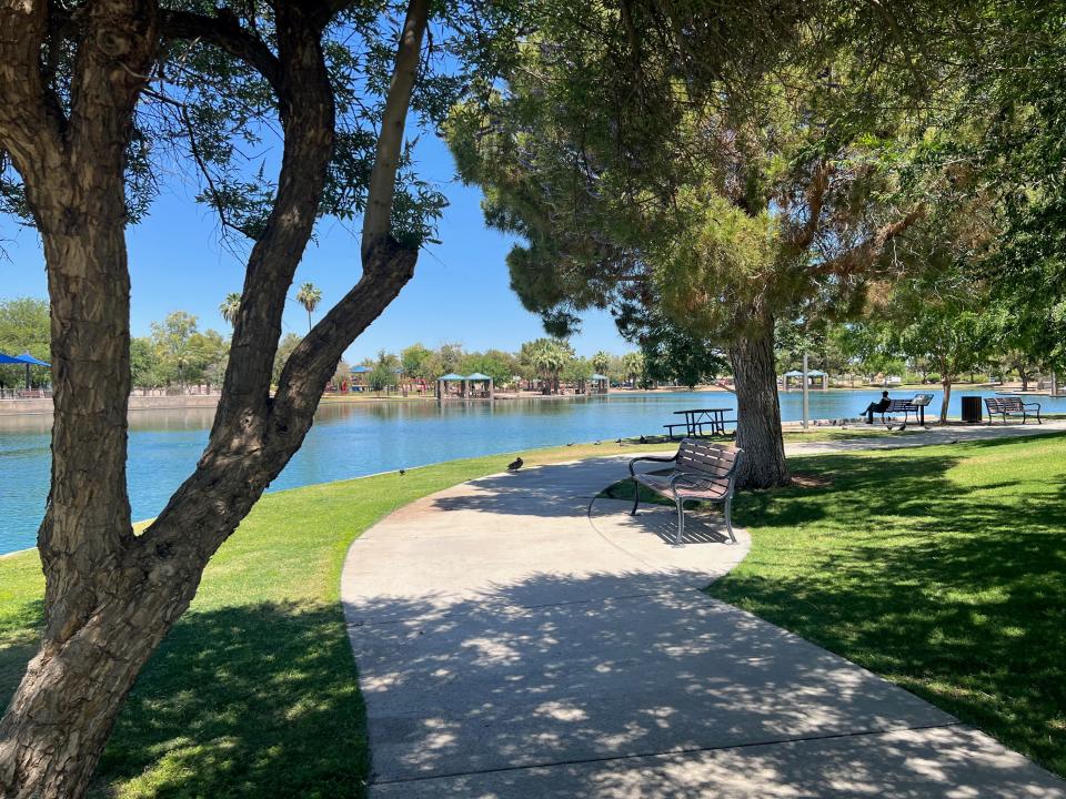 Walking paths at Desert Breeze Park are covered by tall trees. There are also plenty of park benches to sit on and enjoy the shade.