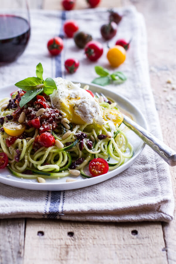 <strong>Get the <a href="https://www.halfbakedharvest.com/15-minute-zucchini-pasta-w-poached-eggs-quick-heirloom-cherry-tomato-basil-sauce/" target="_blank">15-Minute Zucchini Pasta With Poached Egg recipe</a>&nbsp;from&nbsp;Half Baked Harvest</strong>