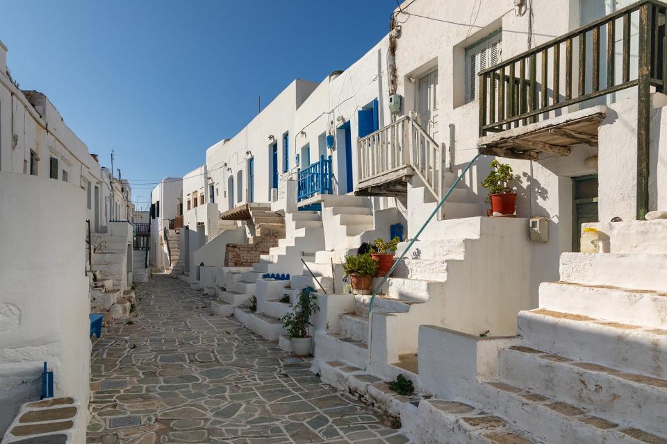 A narrow side street in Chora, old town. Folegandros, Greece.