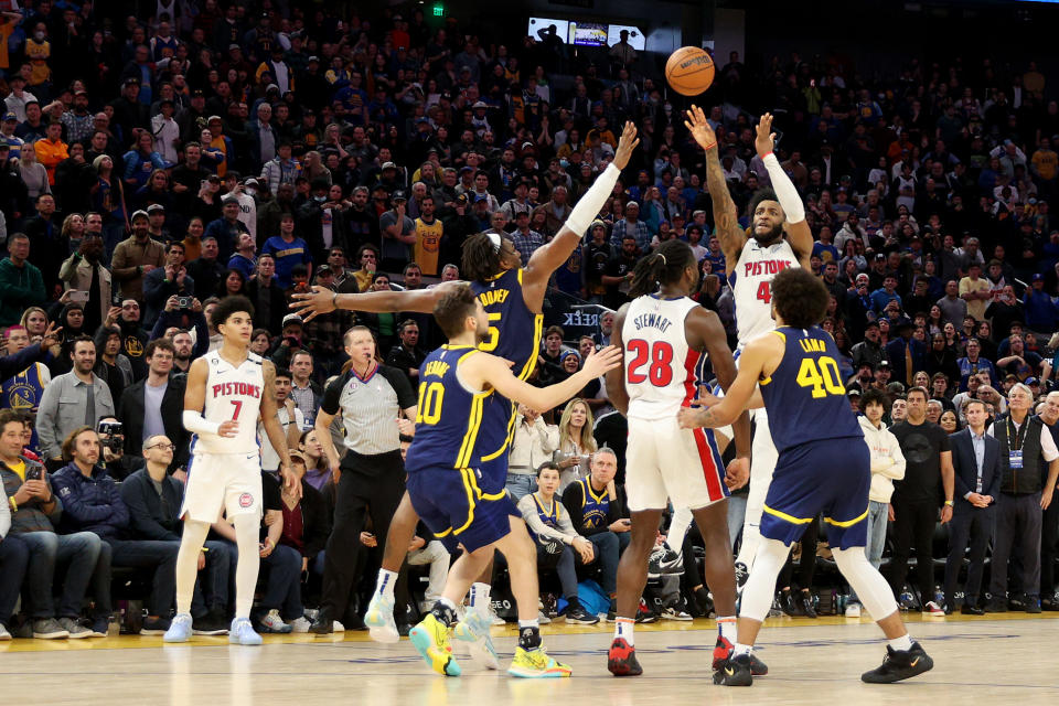 SAN FRANCISCO, CALIFORNIA - JANUARY 04: Saddiq Bey #41 of the Detroit Pistons shoots a three-point basket at the buzzer to beat the Golden State Warriors at Chase Center on January 04, 2023 in San Francisco, California. NOTE TO USER: User expressly acknowledges and agrees that, by downloading and or using this photograph, User is consenting to the terms and conditions of the Getty Images License Agreement.  (Photo by Ezra Shaw/Getty Images)