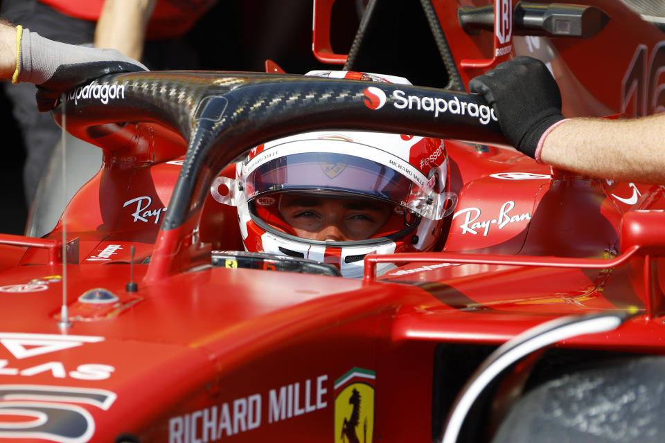 Ferrari driver Charles Leclerc of Monaco stops at pit during the qualifying session for the French Formula One Grand Prix at Paul Ricard racetrack in Le Castellet, southern France, Saturday, July 23, 2022. The French Grand Prix will be held on Sunday. (Eric Gaillard, Pool via AP)