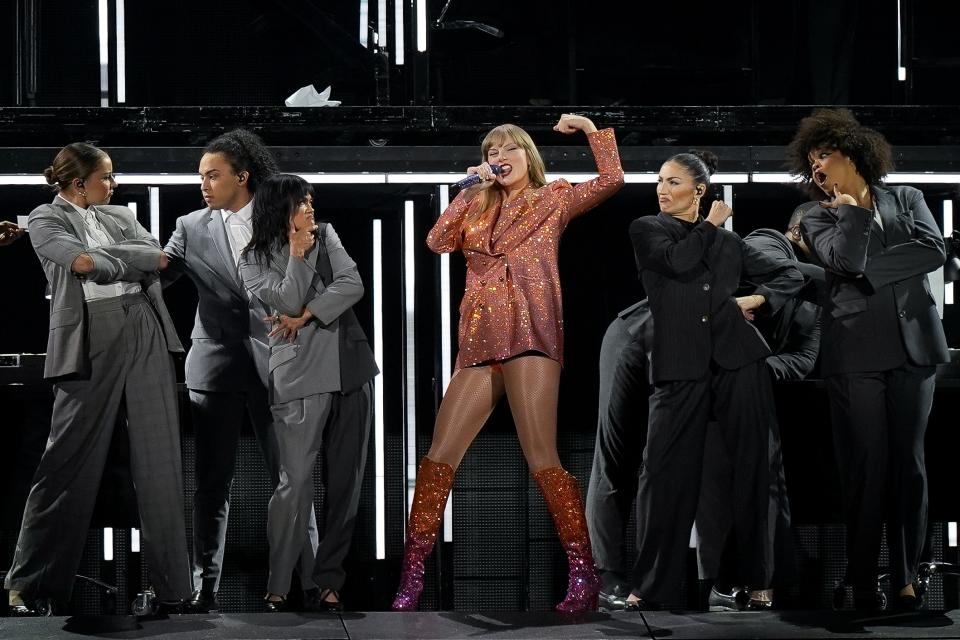 Taylor Swift performs at the Paris Le Defense Arena as a part of her Eras Tour concert in Paris, Thursday, May 9, 2024. (AP Photo/Lewis Joly)