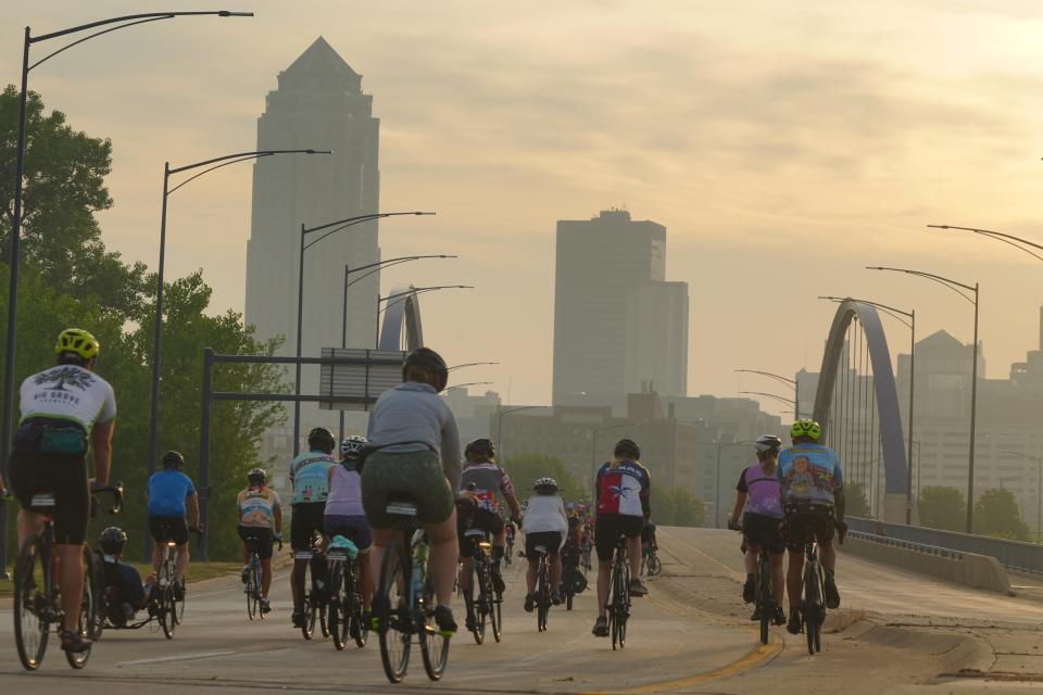 Riders roll out of Des Moines on Day 5 of RAGBRAI 50 on July 27, 2023.