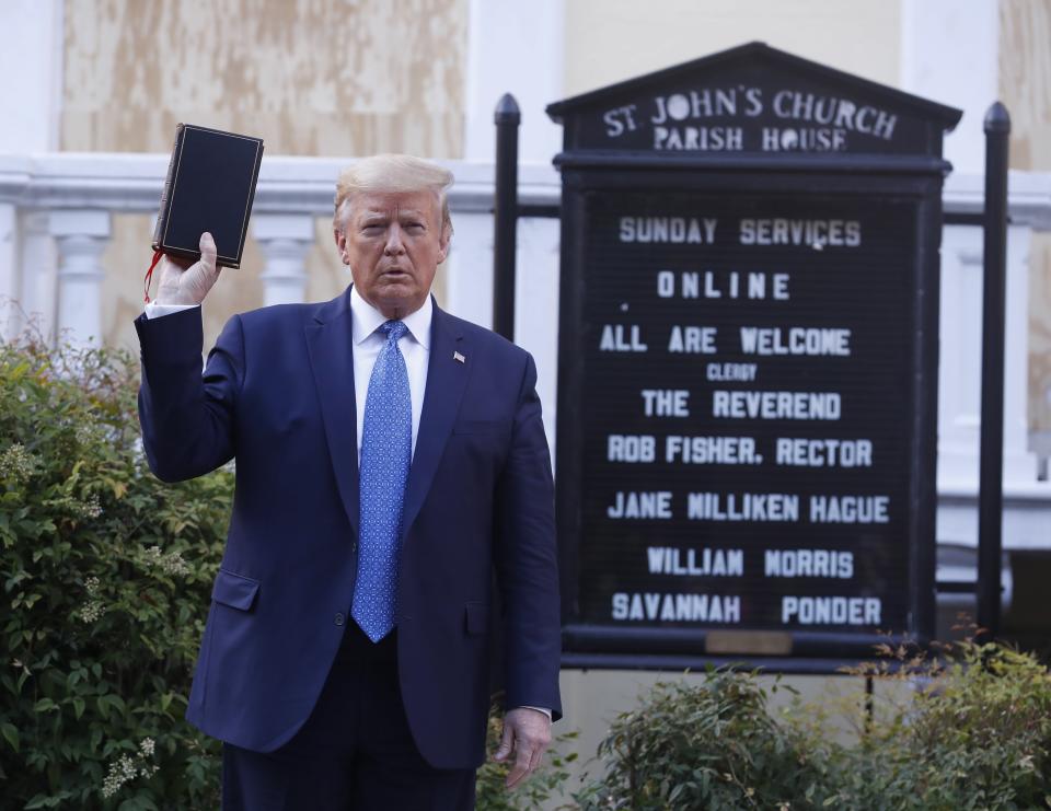 Donald Trump holding a bible at St. John's Episcopal Church in Washington, D.C., June 1, 2020.