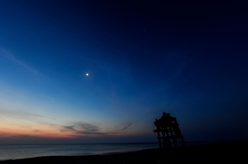 The crescent moon with Mercury, Venus, Uranus, Mars, Jupiter and Saturn  over Melbourne Beach in 2022. Jupiter, Mercury, Venus, Uranus and Mars will be visible March 28.