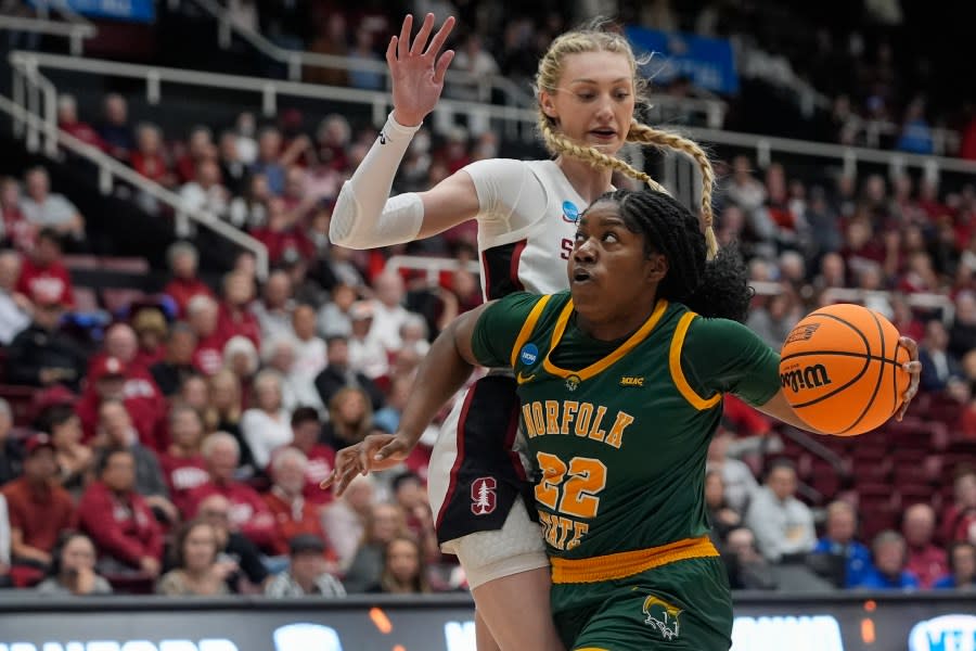 Norfolk State forward Kierra Wheeler, front, tries to get around Stanford forward Cameron Brink during the first half of a first-round college basketball game in the women’s NCAA Tournament in Stanford, Calif., Friday, March 22, 2024. (AP Photo/Godofredo A. Vásquez)