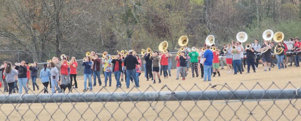 Members of the Gaston, Glencoe, Sardis and West End high school bands practice Nov. 14, 2023, at West End for their joint performance Dec. 1, 2023, in the 48th annual Fantasy of Lights Christmas Parade in Gatlinburg, Tenn.