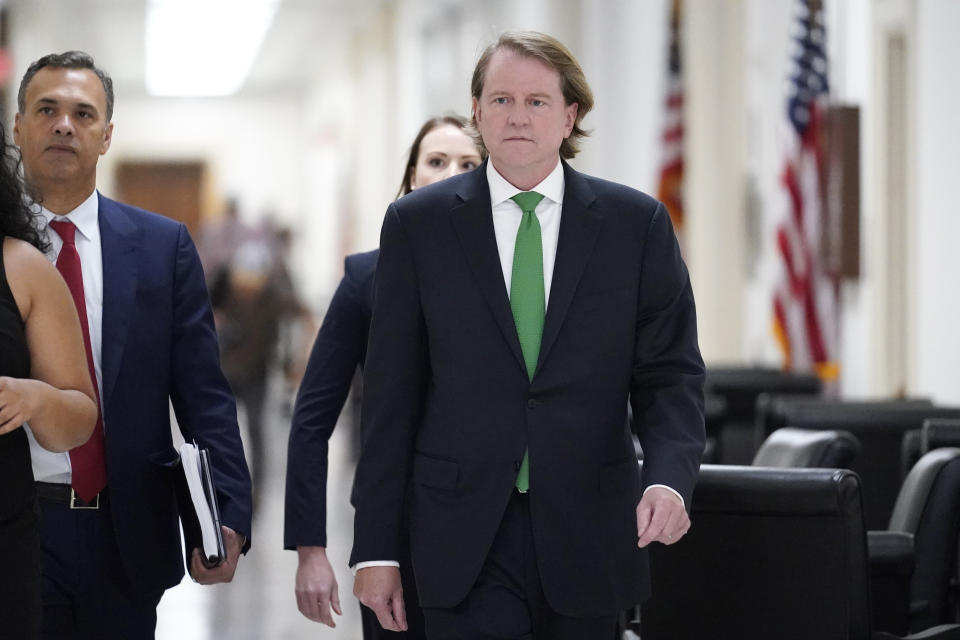 Former White House counsel Don McGahn arrives to meet with the House Judiciary Committee on Capitol Hill in Washington, Friday, June 4, 2021. The committee will question McGahn behind closed doors on Friday, two years after House Democrats originally sought his testimony as part of investigations into former President Donald Trump. (AP Photo/J. Scott Applewhite)
