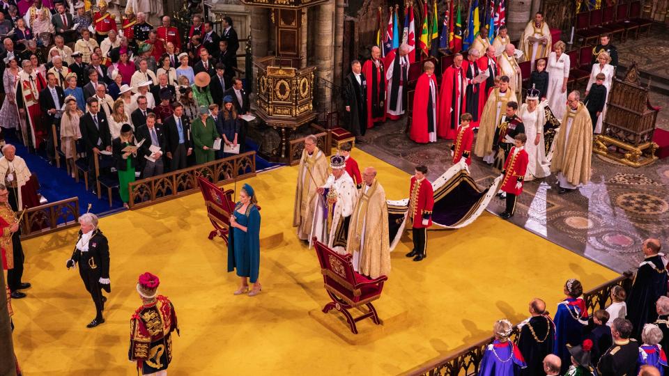 LONDON, ENGLAND - MAY 06: King Charles III during his coronation ceremony in Westminster Abbey on May 6, 2023 in London, England. The Coronation of Charles III and his wife, Camilla, as King and Queen of the United Kingdom of Great Britain and Northern Ireland, and the other Commonwealth realms takes place at Westminster Abbey today. Charles acceded to the throne on 8 September 2022, upon the death of his mother, Elizabeth II.