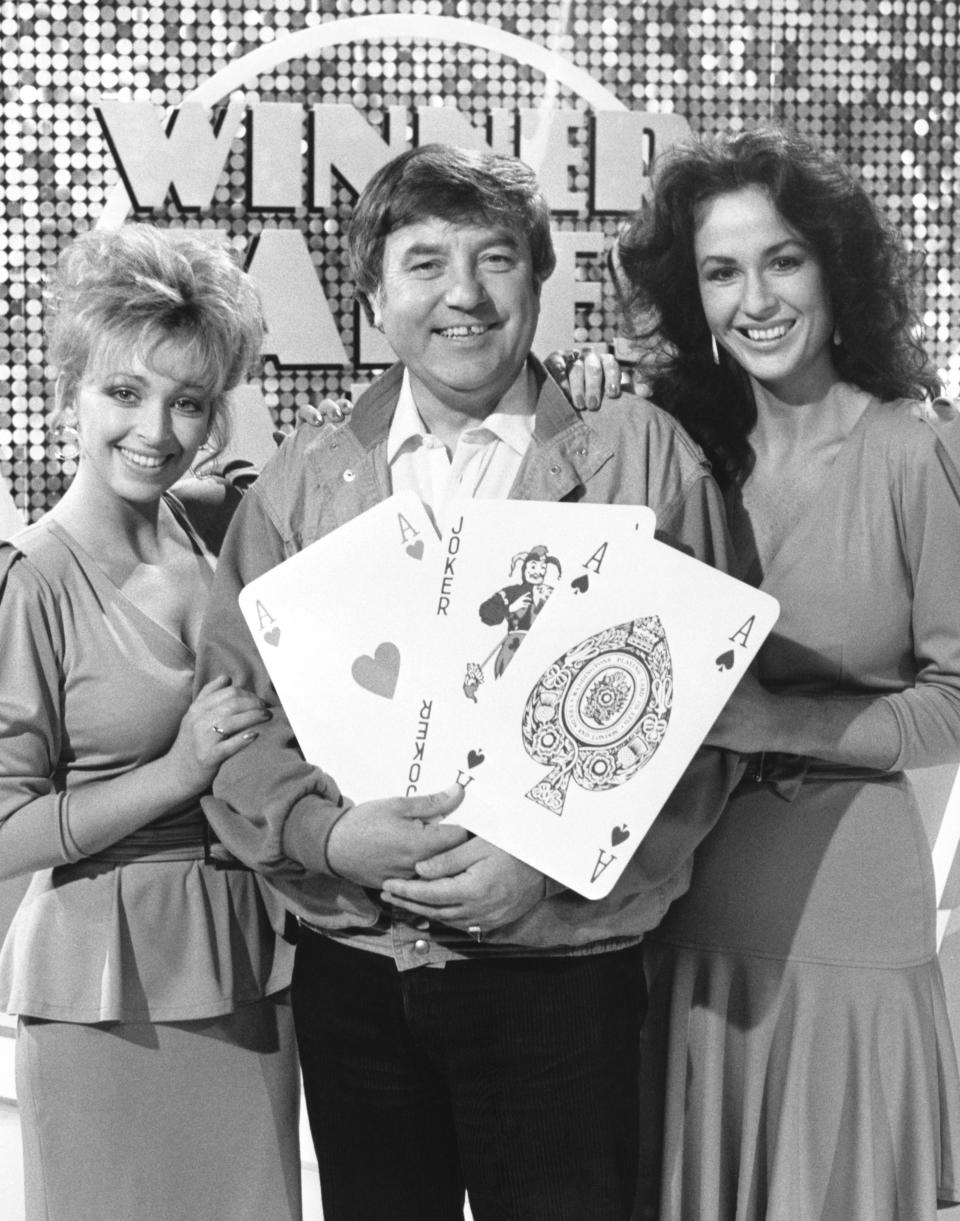 Comedian Jimmy Tarbuck poses with Susan Lee from Nottingham and New Zealander Kerry Gallagher, who have been chosen to join him on the new series of his TV show Winner Takes All.