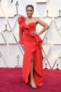 <p>The Oscar winner and performer at this year’s ceremony wowed in a red one-shoulder gown by Elie Saab. <em>[Photo: Getty]</em> </p>