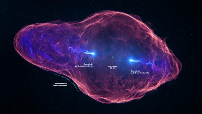 An artist's impression shows cosmic jets coming out of the microquasar.