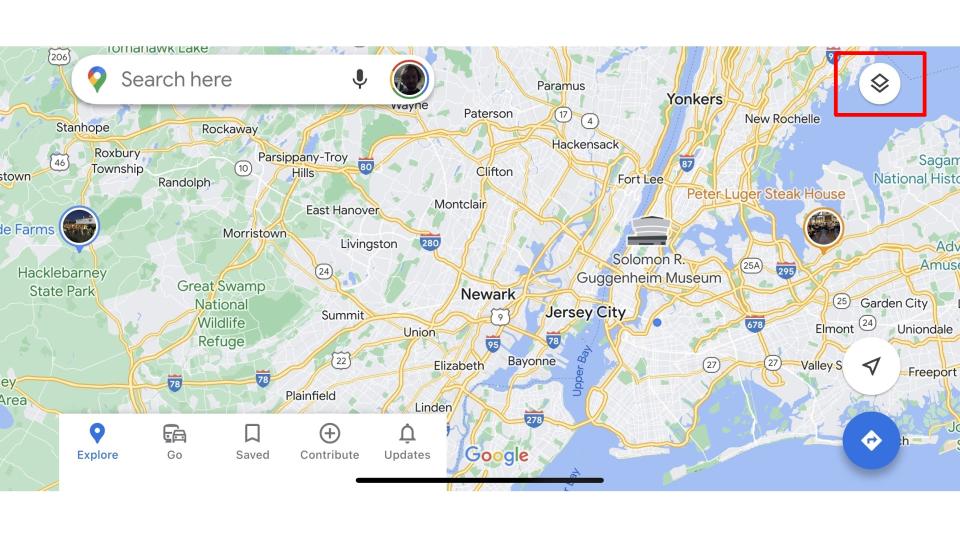A screenshot highlighting the layers button on Google Maps