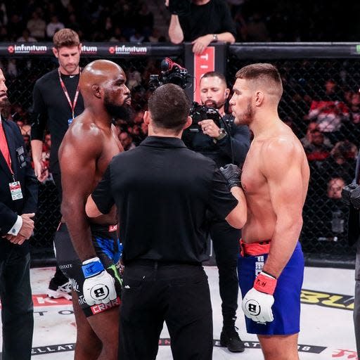 Rockton's Corey Anderson, left, and Russia's Vadim Nemkov square off just before battling for a million dollars and for the Bellator light-heavyweight title in Chicago on Friday, Nov. 18, 2022. Nemkov earned the decision over Anderson.