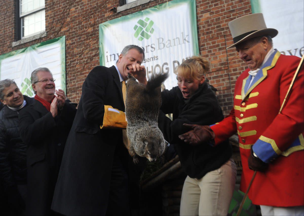 Then-New York City Mayor de Blasio accidentally dropped Staten Island Chuck during Groundhog Day celebrations in 2014. Chuck died soon after. 