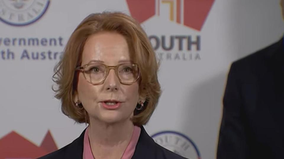 Former Australian Prime Minister Julia Gillard holds a press conference relating to the expansion of out-of-school care programs following the findings of a Royal Commission. Picture: ABC