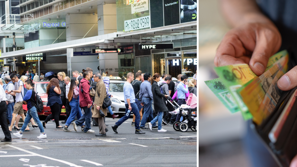 People cross a busy intersection in Sydney's Pitt Street. A person removes $100 notes that they were saving in a wallet.