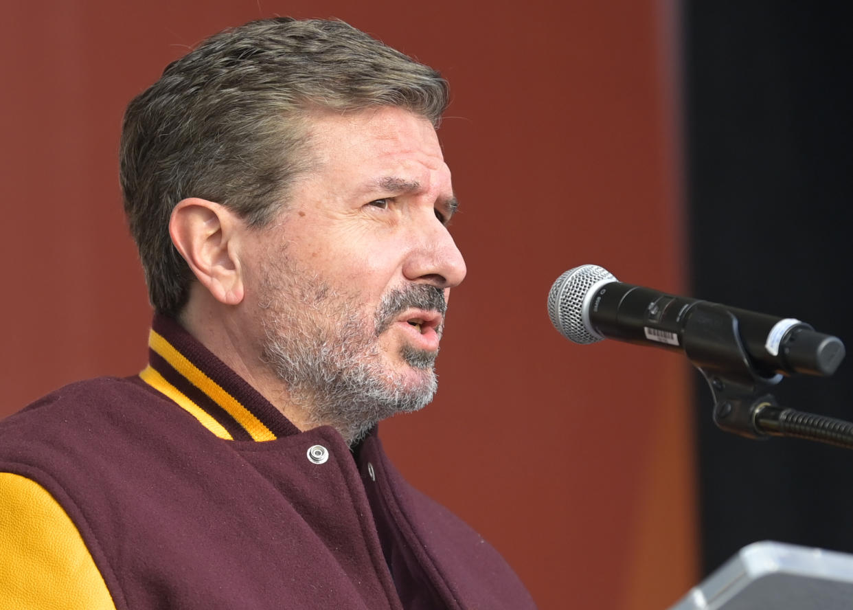 LANDOVER, MD - FEBRUARY 2:  Co-owner Dan Snyder gives remarks as the Washington Football Team announces their new team name the Commanders at a morning event  at FedEx Field on February 2, 2022 in Landover, MD . (Photo by John McDonnell/The Washington Post via Getty Images)