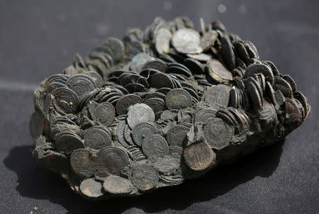 Coins, which the Israel Antiquities Authority (IAA) estimates to be around 1600 years old, are displayed after they were recovered from a merchant ship in the ancient harbor of the Caesarea National Park May 16, 2016. REUTERS/ Baz Ratner