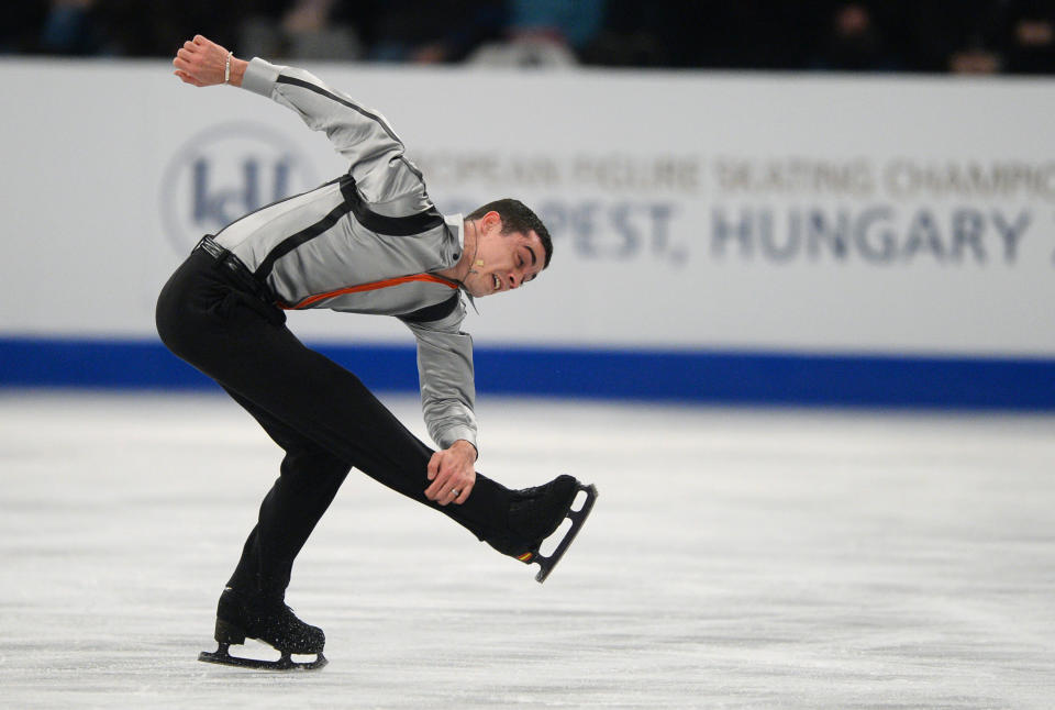 Spain's Javier Fernandez performs on ice at the 'SYMA' sports hall in Budapest, Hungary on January 18, 2014 during the men's free skating program of the ISU European Figure Skating Championships. (ATTILA KISBENEDEK/AFP/Getty Images)