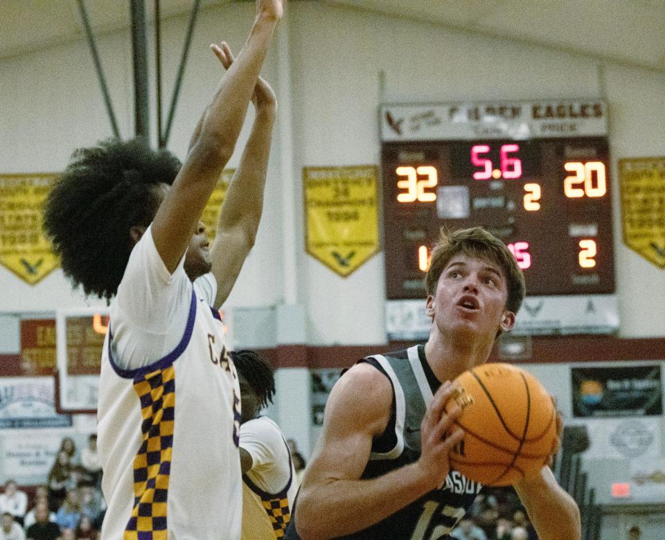 Squan’s Griffin Linstra drives to the basket. Manasquan Boys Basketball lose to Camden in NJSIAA Group 2 Semifinals in Berkeley Township, NJ on March 5, 2024.