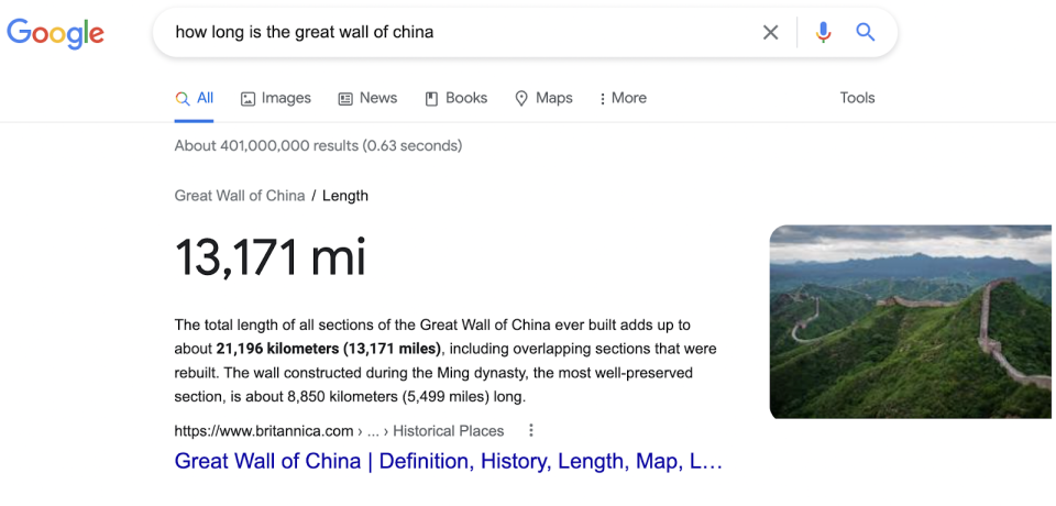 a google search result for “How long is the Great Wall of China?” shows its length to be 13,171 miles