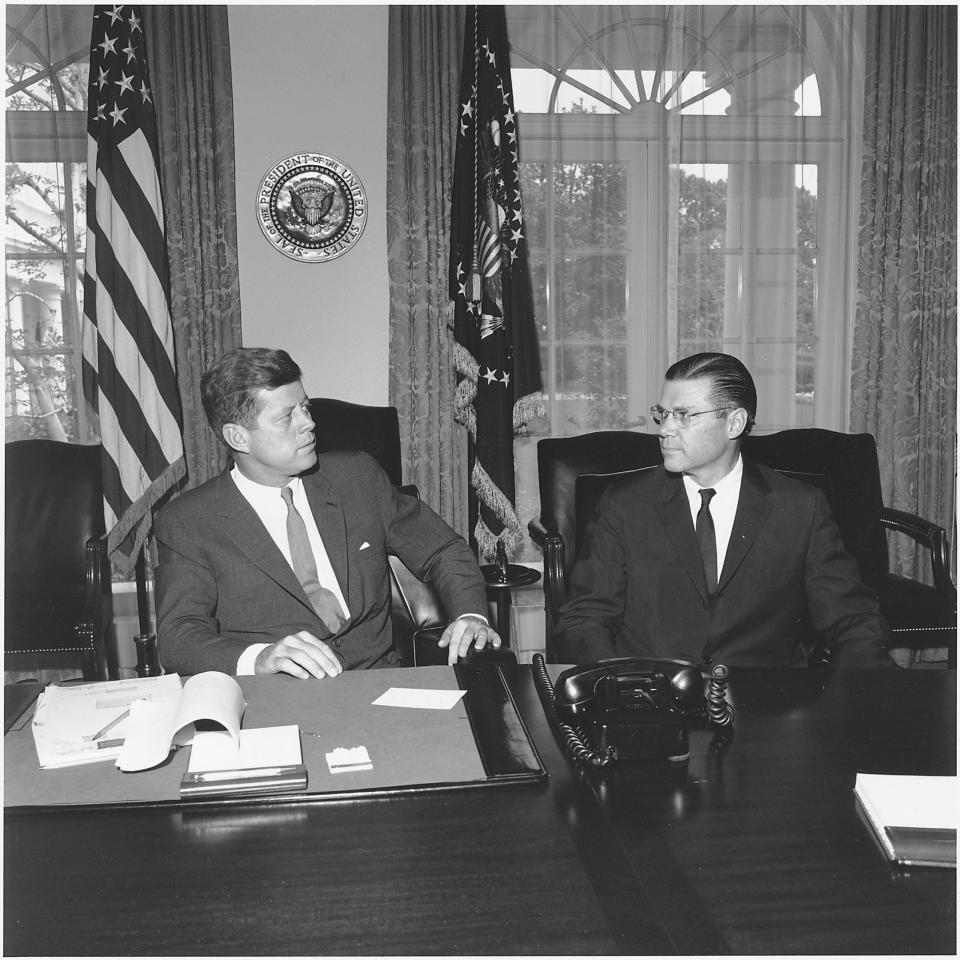 President Kennedy meets with <em>Secretary of Defense</em> <em>McNamara</em>, June 19, 1962. <em>John F. Kennedy Library </em>