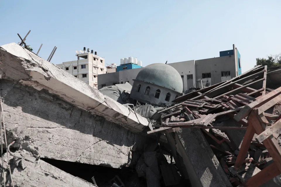 The remains of the the Al-Abbas Mosque sits among rubble from shelling (Momen Faiz / NurPhoto via Getty Images)