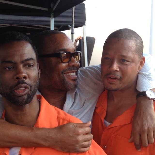 Chris Rock got quite the welcome when he showed up on the <em>Empire </em>set to shoot scenes with the show's star Terrence Howard. <em> Empire</em> creator Lee Daniels Instagrammed a video of the guys, and asked Rock how his first day of shooting went down. "My first day was incredible," the comedian said. "I worked with the great Terrence Howard and the great Lee Daniels." <strong> NEWS: Raven-Symone Discusses Her Possible <em>Empire </em>Return </strong> These kind words led to Howard admitting in the first person, "Terrence punched him in the stomach on accident." Not missing a chance to make a joke, Rock quipped, "I don't know if it was an accident. He does have a reputation." <strong> WATCH: Patti LaBelle Confirms She's Returning to <em>Empire </em>in Season 2 </strong> You may notice in the video that both Rock and Howard are wearing orange prison jumpsuits. In the season one finale of <em>Empire</em>, Howard's character, Lucious Lyon, is arrested for the murder of his friend Bunkie Williams (Antoine McKay). Rock looks to be playing one of Lucious' inmates. Daniels was good about Instagramming behind-the-scenes shots from season two, and even shared a quick chat he had with Rock while shooting the prison scenes. <em>Empire</em> will return to Fox on September 23. <em> Here's 12 actors we'd like to see reunite with Oscar nominee Lee Daniels on the show: </em>