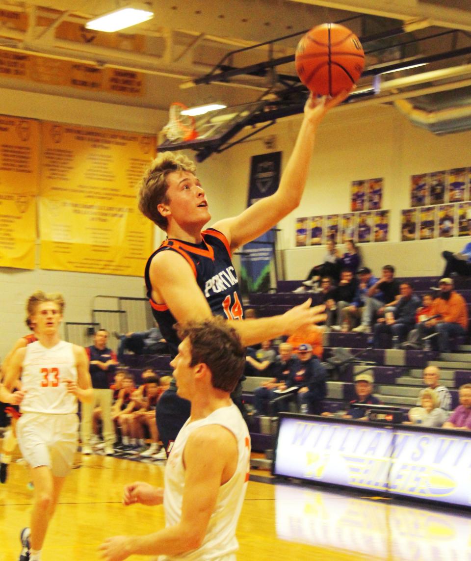 Henry Brummel drives to the basket against New Berlin Saturday. Brummel had 19 points to lead the Indians to a 43-40 win over the Pretzels and was named the game's MVP.