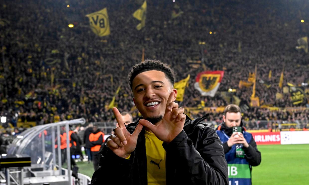 <span>Jadon Sancho is playing in the semi-finals of the Champions League with Borussia Dortmund, where he is on loan from Manchester United.</span><span>Photograph: Hendrik Deckers/Borussia Dortmund/Getty Images</span>