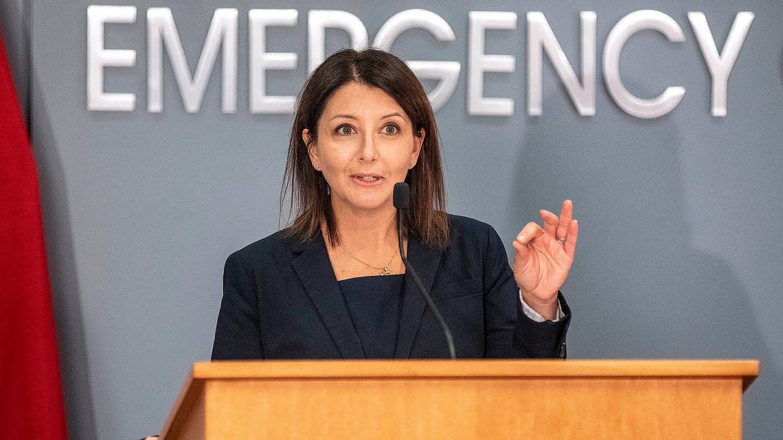 In this file photo, Dr. Mandy Cohen, then-secretary of the North Carolina Department of Health and Human Services speaks during a briefing on North Carolinaís coronavirus pandemic response at the NC Emergency Operations Center in Raleigh Tuesday, Nov. 30, 2021. Travis Long/tlong@newsobserver.com