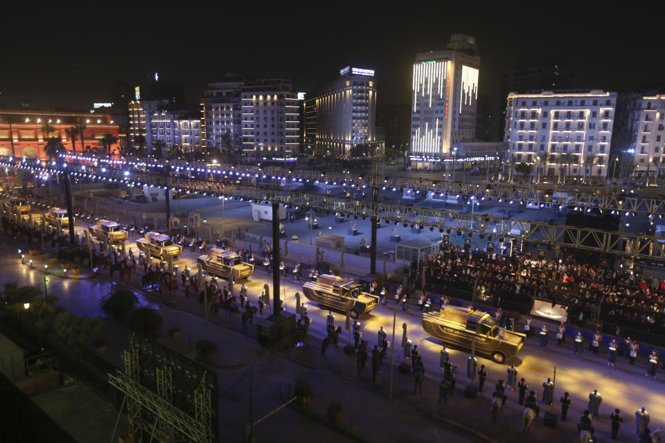 A convoy of vehicles transporting royal mummies is seen in Cairo, Egypt, Saturday, April 3, 2021. Egypt held a parade celebrating the transport of 22 of its prized royal mummies from Egyptian Museum to he newly opened National Museum of Egyptian Civilization. (AP Photo)