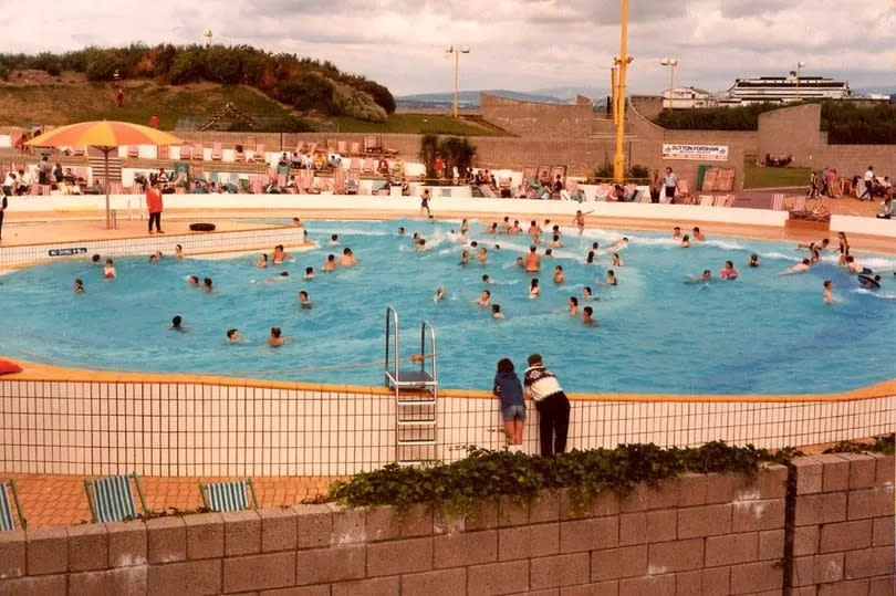 Open air pool with wave machine at Morecambe Leisure Park, 1983
