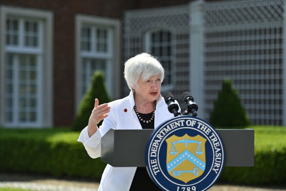 US Treasury Secretary Janet Yellen speaks during a press conference at Winfield House in London on June 5, 2021, after attending the G7 Finance Ministers meeting. - Finance ministers from wealthy G7 nations on June 5 pledged commitment to a global minimum corporate tax of at least 15 percent, rallying behind a US-backed plan targetting tech giants and other multinationals accused of not paying enough. (Photo by JUSTIN TALLIS / POOL / AFP) (Photo by JUSTIN TALLIS/POOL/AFP via Getty Images)