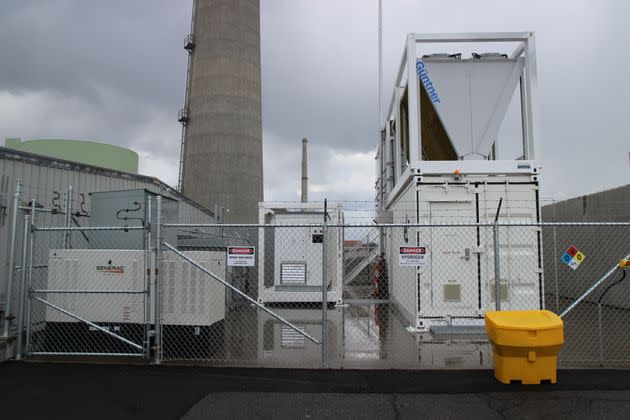 Inside this shipping container is a machine called an electrolyzer, using electricity from the Nine Mile Nuclear Power Station in Oswego, New York, to produce zero-carbon hydrogen fuel. The project, seen here on Dec. 13, is the first in the country ― and possibly the world ― and received funding from the utility giant Constellation and the federal Department of Energy.