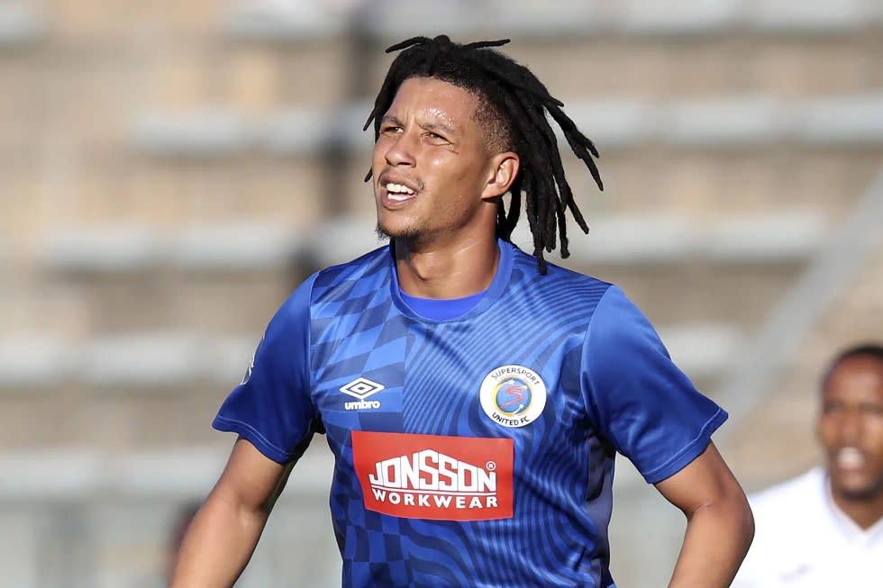 Supersport United’s Luke Fleurs in action during the DStv Premiership match between Supersport United and Richards Bay at the Lucas Moripe Stadium, Atteridgeville, South Africa, on Jan. 22, 2023. (Muzi Ntombela/BackpagePix via AP)