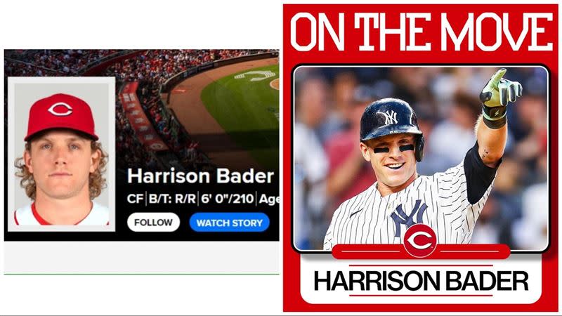 洋基中外野手貝德（Harrison Bader）被紅人撿走，《大聯盟官網》幫他換長髮照。（圖／翻攝自MLB官網、推特）