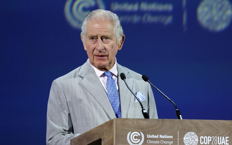 King Charles III addresses the Cop28 climate summit in Dubai this morning