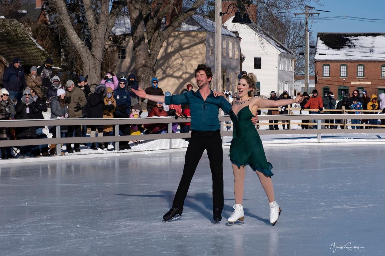 Kate Mallow and IDI's Neill Shelton perform at Labrie Family Skate at Puddle Dock Pond at the 2022 Seacoast Skating with the Stars event.