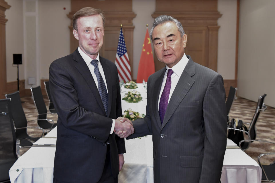 FILE - In this photo released by Xinhua News Agency, Chinese Foreign Minister Wang Yi, right, shakes hands with U.S. National Security Advisor Jake Sullivan in Malta on Sept. 16, 2023. China's top foreign policy official is heading to Russia for security talks after two days of meetings with U.S. President Joe Biden's national security advisor over the weekend in Malta. (Lian Yi/Xinhua via AP, File)
