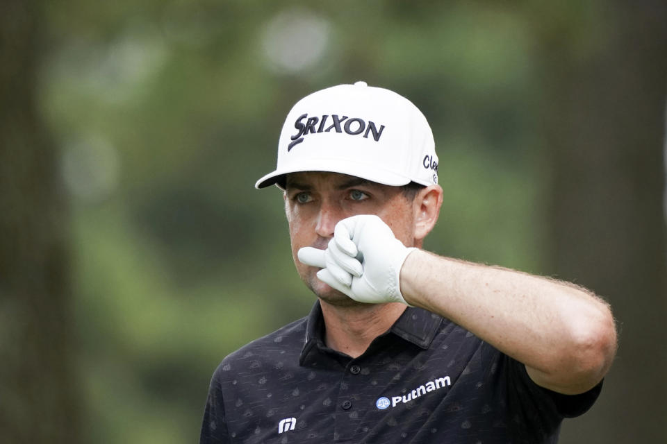 Keegan Bradley of the United States prepares his tee shot on the fifth hole during the final round of the Zozo Championship golf tournament at Accordia Golf Narashino Country Club on Sunday, Oct. 16, 2022 in Inzai, Chiba Prefecture, east of Tokyo. (AP Photo/Tomohiro Ohsumi)