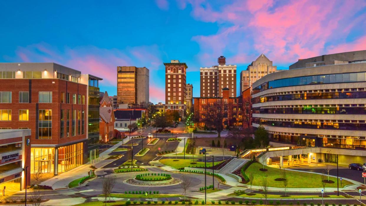 Downtown Greenville, SC South Carolina Skyline Cityscape at Sunrise.